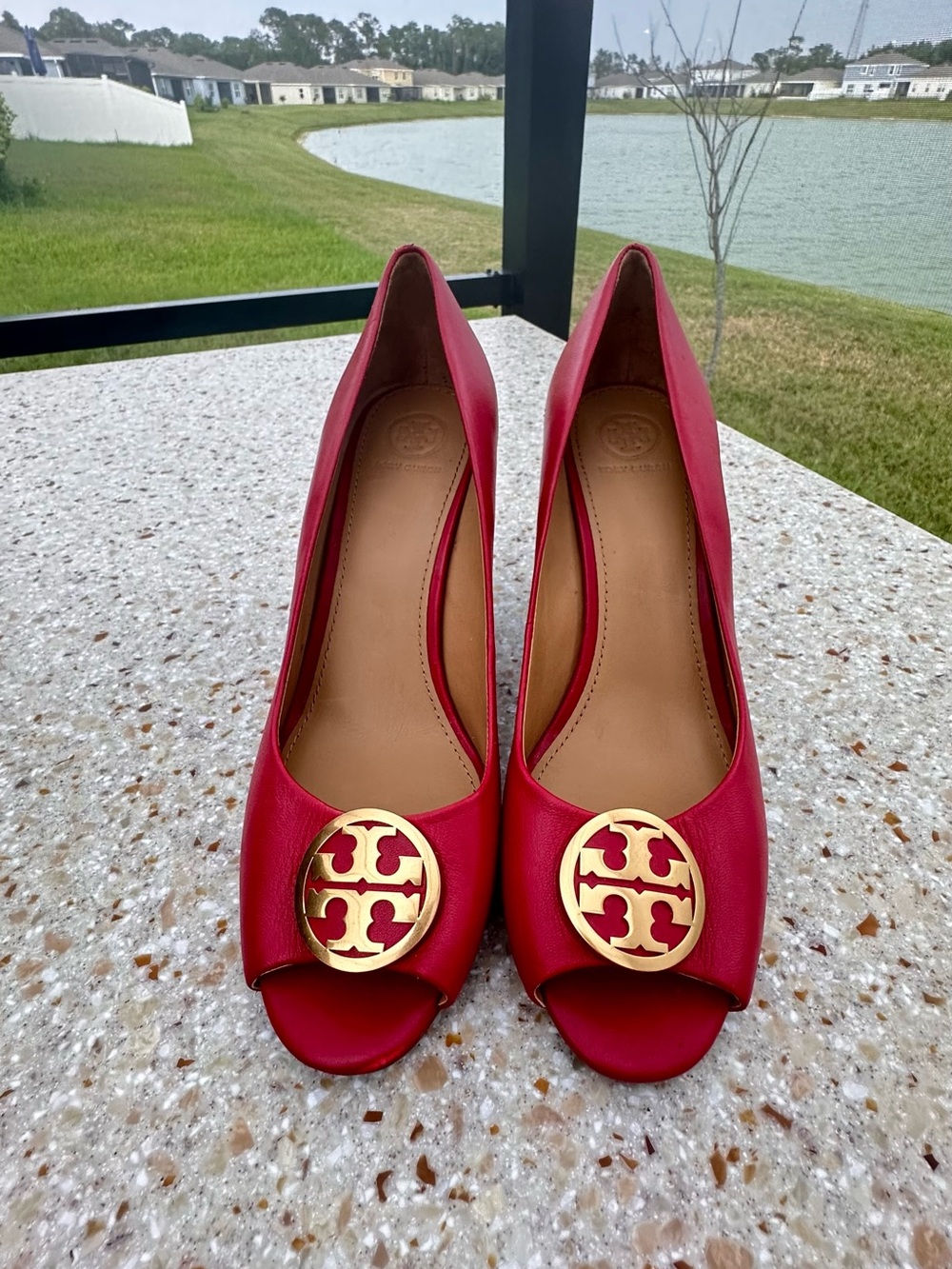 Tory Burch Red Leather Peep-Toe Heels with Gold Medallion size 10